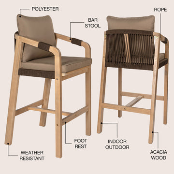 Porto Modern Coastal Tub Roped Acacia Wood Outdoor Bar Stool with Cushions and Armrests